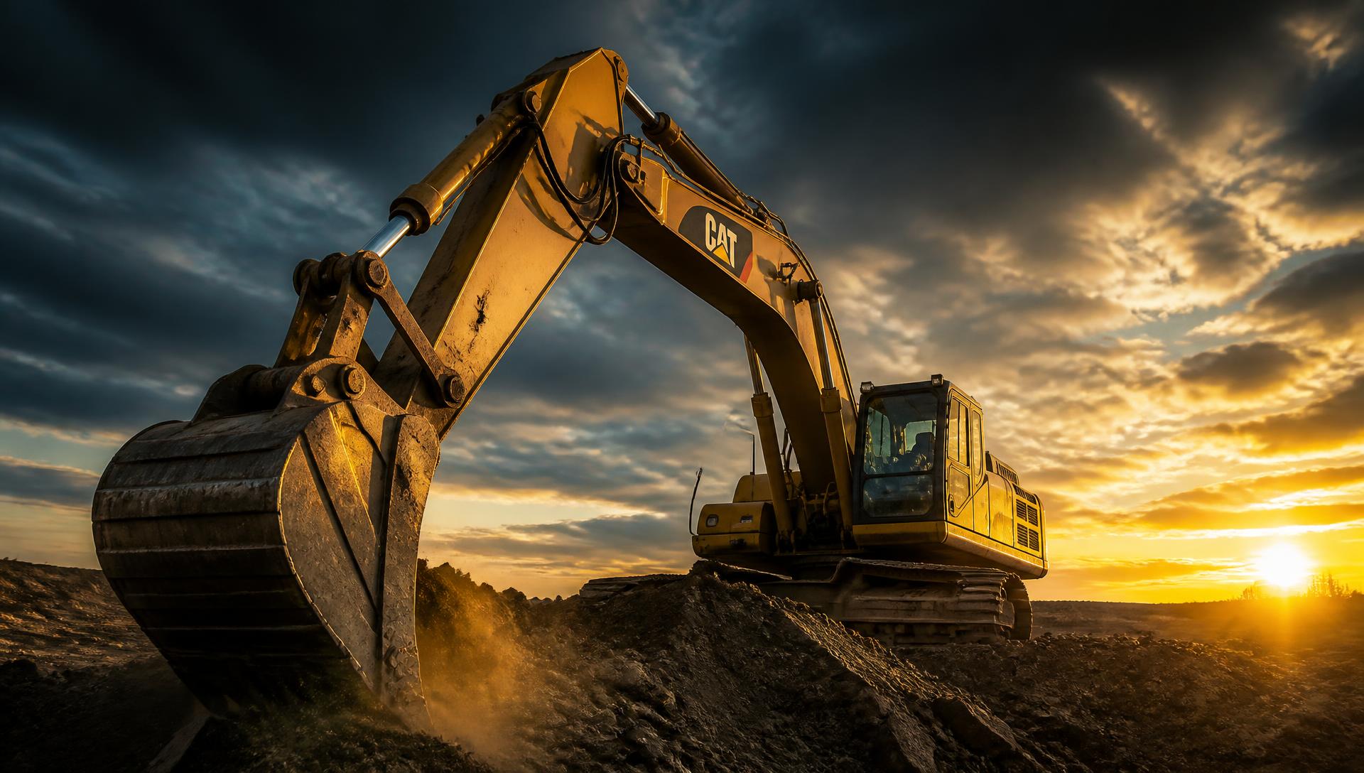 Excavator working on a construction site at sunset